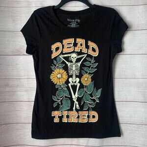 Wound Up Black Graphic T-Shirt with Skeleton Sunflower DEAD TIRED Size L (11-13)